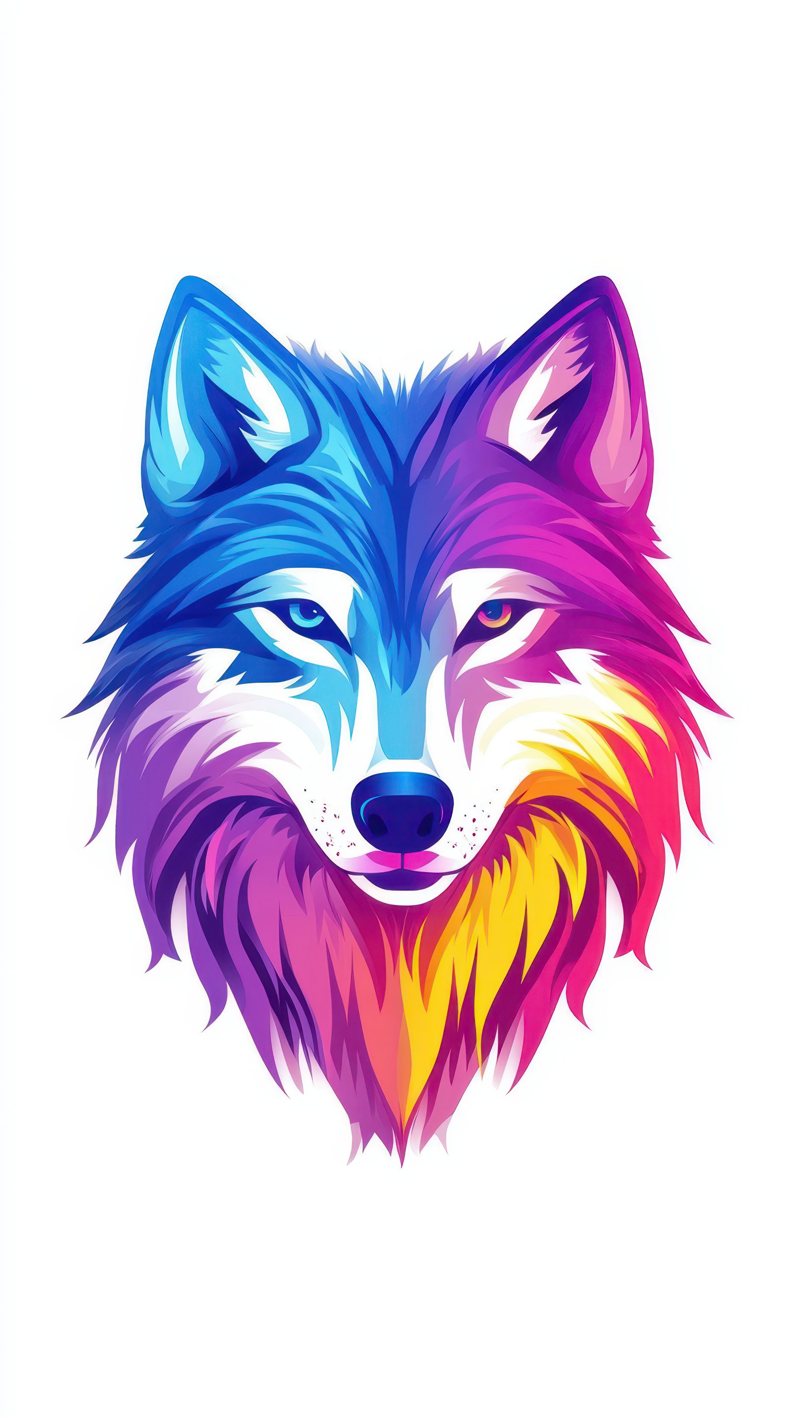 A colorful wolf illustration stares intently at the viewer